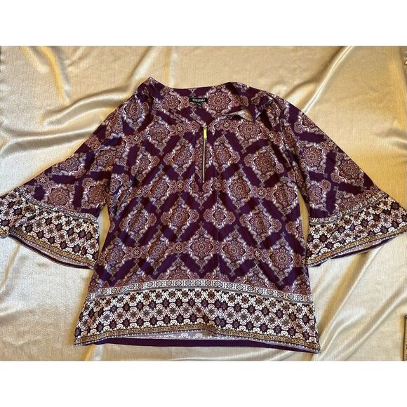 Roz & Ali Tops - Roz & Ali 2X Plus V-neck Zip 3/4 Bell Sleeve Purple Tunic Top Boho Flowy Stretch